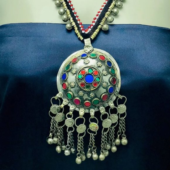 Tribal Afghani Pendant Necklace With Glass Stones and Bells - Picture 2 of 10